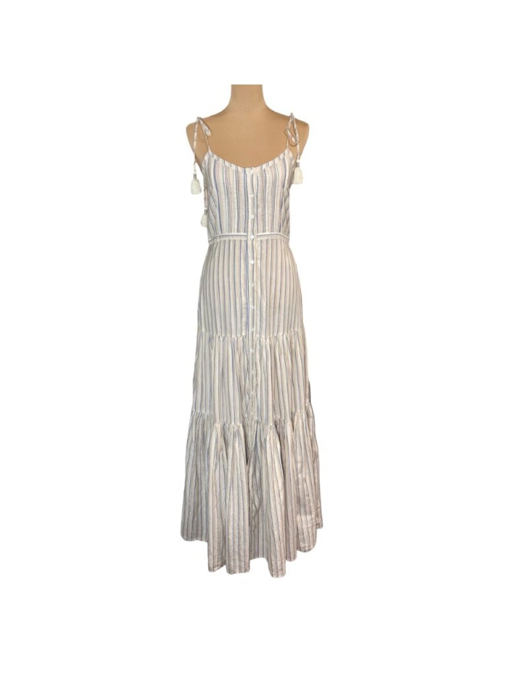 Veronica Beard Striped Cotton Lurex Tiered Maxi Dress Button Front XS Tassels - Picture 2 of 16